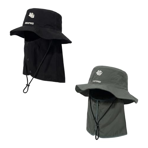 Bucket Hat for Men Women,Waterproof Sun Hat UV Protection with Detachable Face Neck Flap for Outdoors - color: Black+green