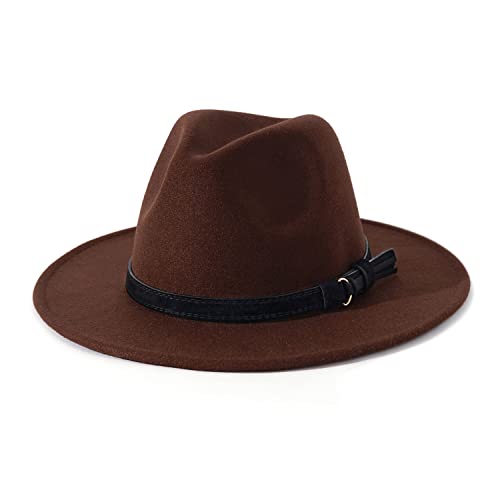 Lisianthus Men & Women Vintage Wide Brim Fedora Hat - color: Z Black Belt-coffee, size: Large