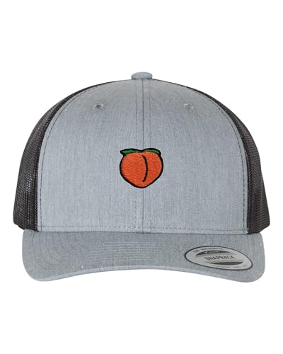 Go All Out Peach Icon Dad Deluxe Flatbill Baseball Structured Trucker Embroidered Hat - color: Heather Grey/ Black