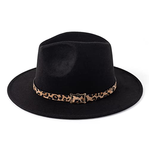 Women's Wide Brim Felt Fedora Panama Hat with Leopard - color: Black