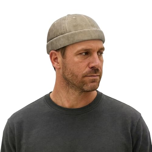 Sailor Brimless Skull Hat, Washed Cotton Docker Hat for Men Vintage - color: Khaki