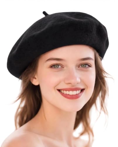 Wool French Beret Hats for Women Classic Winter Beanie Cap - color: Black