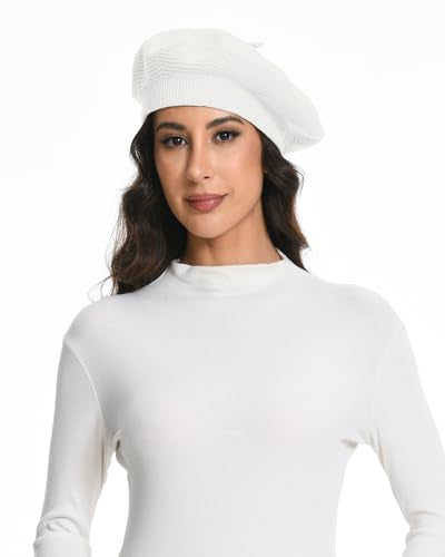 Cotton Knitted Women Beret Hat, French Style Solid Color Beret, Winter Autumn Warm and Soft Beanie Hat - color: White
