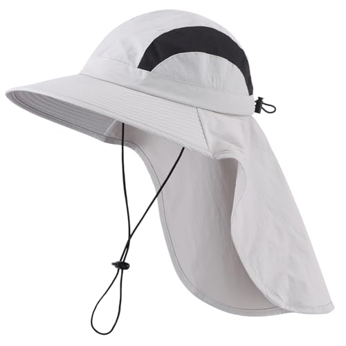 Home Prefer UPF 50+ Sun Hats for Men Women Wide Brim Fishing Hat with Neck Flap UV Protection Sunblock Safari Bucket Hat - color: Light Grey