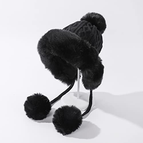 HUAMULAN Women Winter Sherpa Knit Beanie Hats Fleece Lined Ear Flaps - color: A1-m1399-black