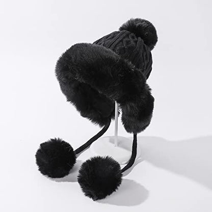 HUAMULAN Women Winter Sherpa Knit Beanie Hats Fleece Lined Ear Flaps - color: A1-m1399-black