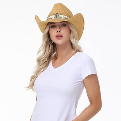 WQWOVRVO Cowboy Hat,Cowgirl Hat,Western Cowboy Hats for Women/Mens/Straw Wide with Shapeable Brim Cowboy Hat for Womens - color: Brown Color