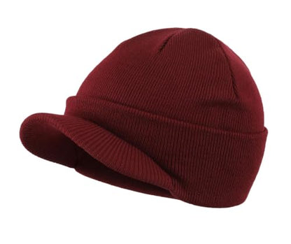 Home Prefer Men's Winter Beanie Hat with Brim Warm Double Knit Cuff Beanie Cap Watch Radar Hat - color: Burgundy