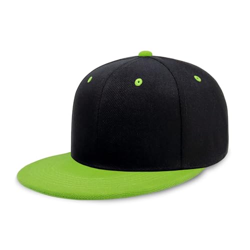 CHOK.LIDS Classic Snapback Flat Bill Hat Blank Adjustable Baseball Cap - color: Black/Lime