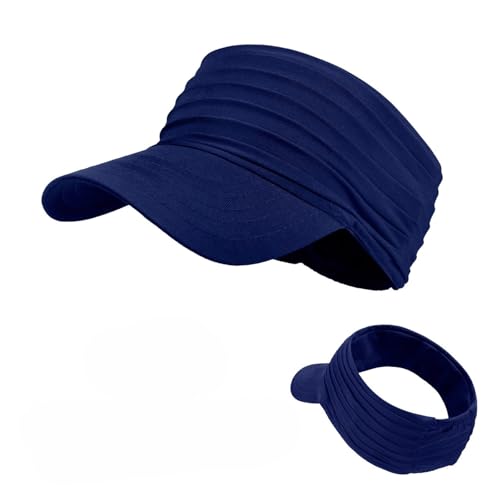 Visor Hats for Women Men Beach Sun UV Protection Wide Brim Lightweight with Ponytail - color: Dark Blue
