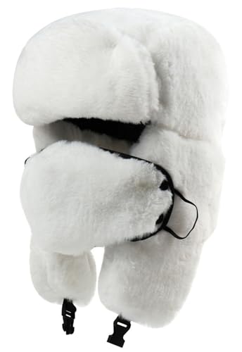 Ushanka Winter Trapper Hat Men Women Faux Rabbit Fur Russian Aviator Hat with Ear Flaps Face Mask Warm Cold Weather - color: White