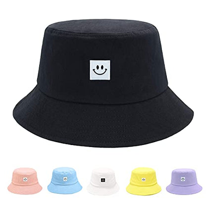 Kids Sun Hat Smile Face Bucket Hat for Girls Boys Summer Sun Protection Cotton Unisex Beach Cap - color: Black