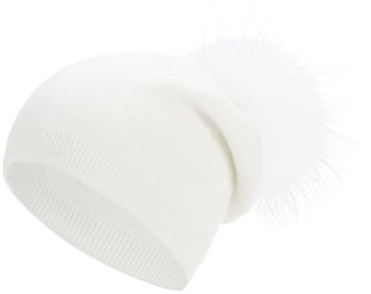 Women's Double Layer Winter Slouchy Knit Beanie Hat with Real Fur Pom Pom - color: White Pom