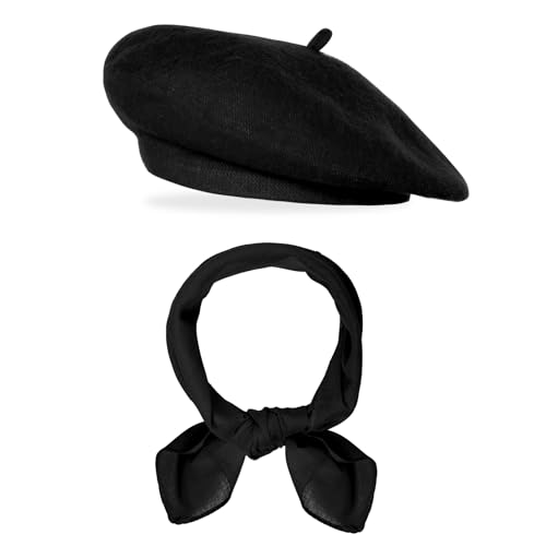 Classic Beret Hats for Women French Beret Hats Costume Accessories Painter Artist Cap with Scarf - color: Black