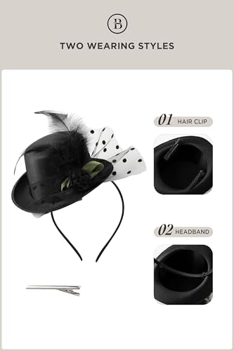 BABEYOND Mini Top Fascinators Hats for Women Feather 1920s Costume Hat - color: Black