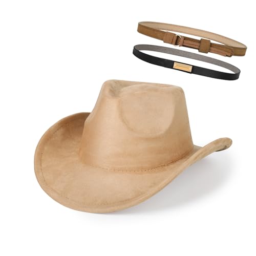 2 Pack Western Cowboy Hats for Women Men 2 Different hat Bands - color: Camel