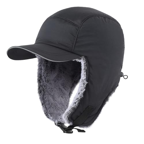 Home Prefer Faux Fur Trooper Trapper Hat for Men Warm Mens Winter Hat with Earflaps Ushanka Hunting Hat Reflective Brim - color: Black