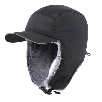 Home Prefer Faux Fur Trooper Trapper Hat for Men Warm Mens Winter Hat with Earflaps Ushanka Hunting Hat Reflective Brim - color: Black