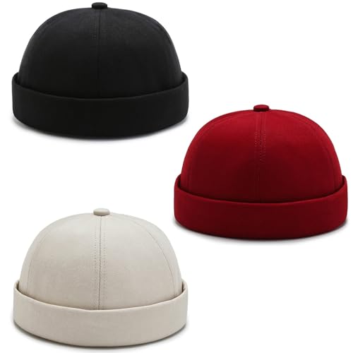 DIYDECAL 3 Pack Mens Brimless Skullcap Sailor Docker Cap Rolled Cuff Retro Beanie Hat - color: Black+beige+red