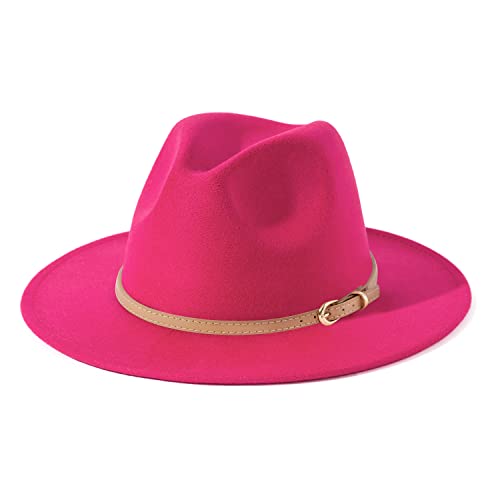 Lisianthus Women Classic Felt Fedora Wide Brim Hat with Belt Buckle - color: P-rose