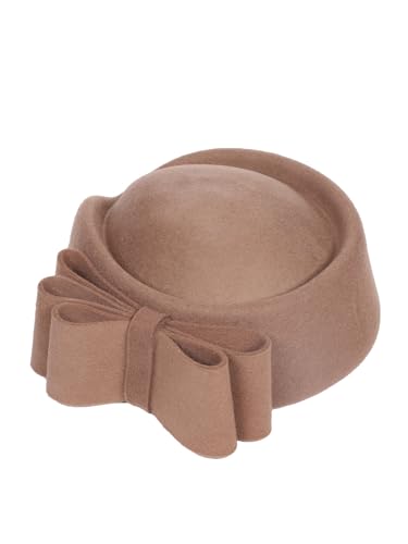 HIMESPORT Wool Felt Bowler Fascinators Hats for Women Ladies Female Elegant Wedding Tea Party Beret Hat with Bowknot - color: Khaki