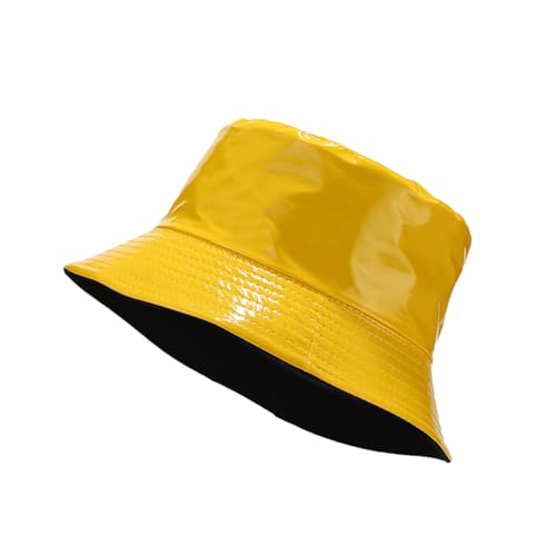 yolrdiw Unisex Fashion PU Leather Bucket Hat Glossy Reversible Rain Waterproof Fishmen Cap - color: Yellow