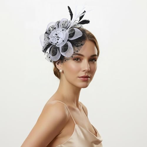 DRESHOW Fascinators Hat Flower Mesh Ribbons Feathers on a Headband and a Clip Tea Party Headwear for Girls and Women - color: 7" Diameter/ Black White