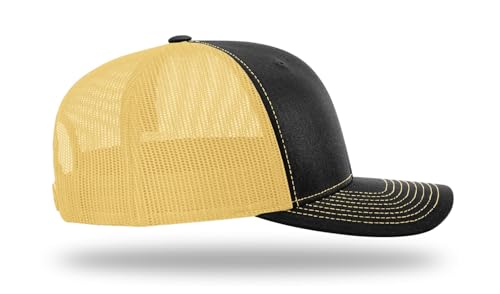 Richardson 112 Trucker Hat - Premium Blank Baseball Cap, Adjustable Snapback Hat - Structured Six Panel Richardson Blank Hats - color: Black/ Vegas Gold