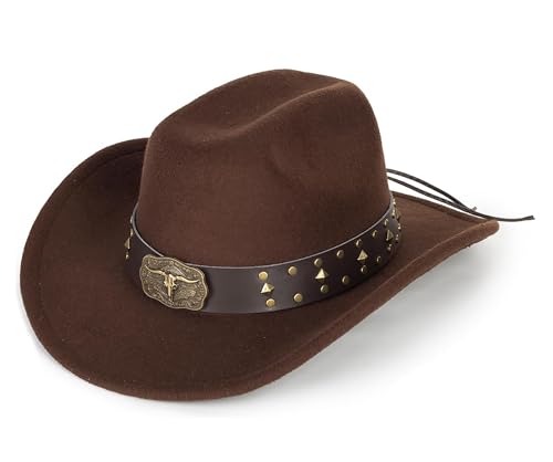 Classic Western Cowboy hat for Men Women Wide Brim Cowgirl Hat - color: Brown-longhorn Buckle Belt