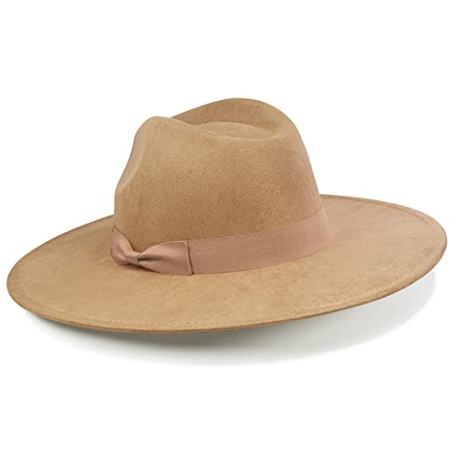 FLUFFY SENSE. Big Wide Brim Fedora Hat for Women - Nashville Outfits Western Hats Women's Felt Panama Rancher Hat - color: Mocha