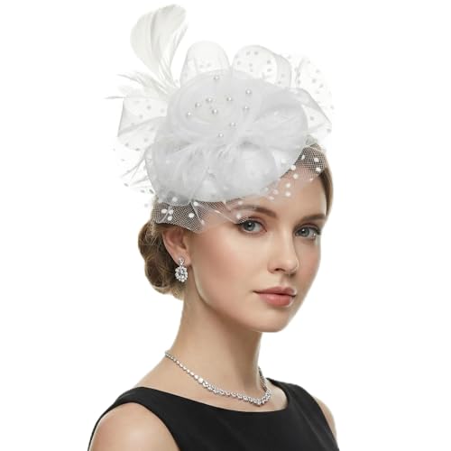 DRESHOW Fascinators Hats for Women Tea Party Hat Vintage Derby Pillbox Kentucky Hat Church Cocktail Headwear - color: 1 Pack Flower Feathers: White