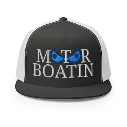 NX Motor Boatin Embroidered Flat Bill Trucker Hat High Crown Snapback Cap - color: Charcoal/ White