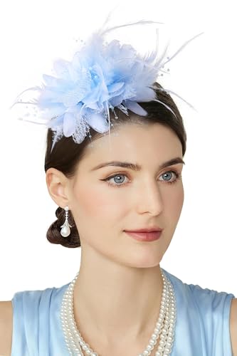 BABEYOND Flower Feather Beads Fascinator Headband for Women Derby Headpiece - color: Light Blue