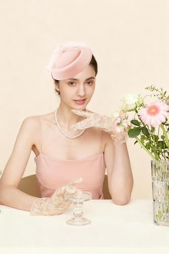 Gionforsy Fascinators Hats Pillbox Tea Party Fascinator Hats for Women - color: Champagne Pink