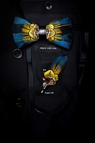 RBOCOTT Handmade Feather Pre-tied Bow tie and Brooch Sets for Men - color: Peacock Blue/Yellow