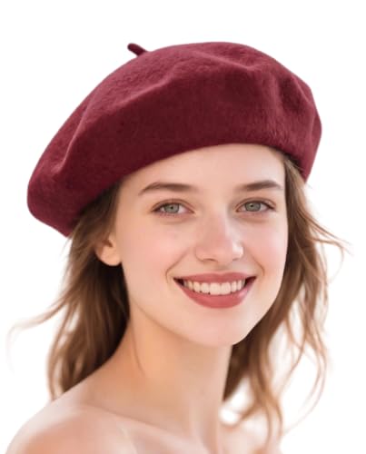 Wool French Beret Hats for Women Classic Winter Beanie Cap - color: Wine Red