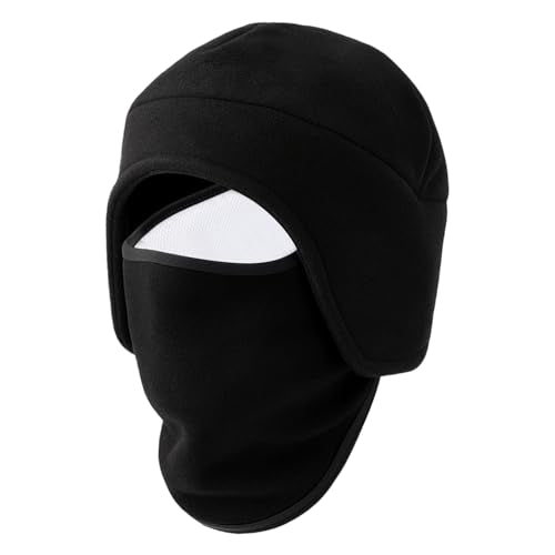 2 in 1 Winter Hat Winter Face Mask Hat with Ear Flaps Ski Mask Beanie for Cold Weather Gear Skiing Snowboarding - color: Black