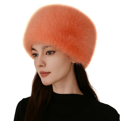 Women's Winter Faux Fur Cossack Russian Style Hat, Soft Stretch Warm Cap - color: Orange