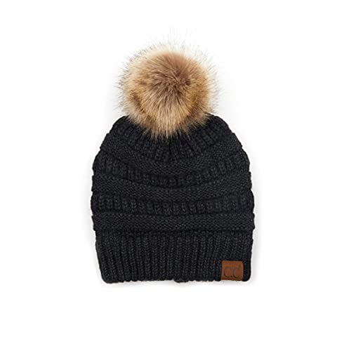 C.C Fur Pom Winter Fall Trendy Chunky Stretchy Cable Knit Beanie Hat - color: Snuggly Soft Black/Gray Mix