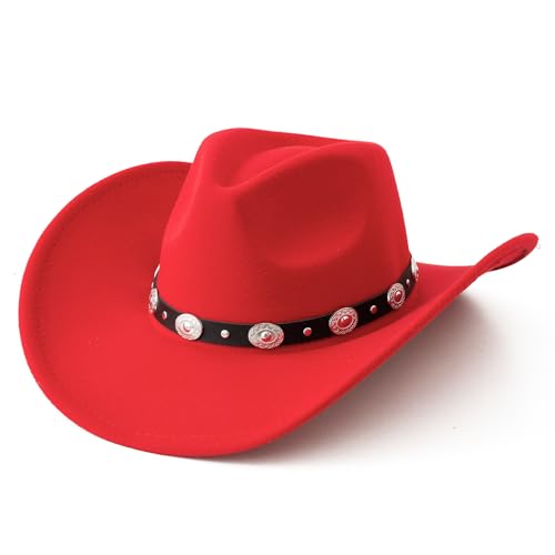 Lanzom Women Men Felt Wide Brim Western Cowboy Hats Belt Buckle Panama Hat - color: Red, size: Large-X-Large