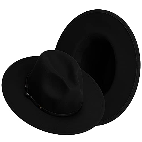 Wide Brim Fedora Hats for Women Mens Felt Fedora Hats With Belt Buckle - color: 1-all-black, size: Medium