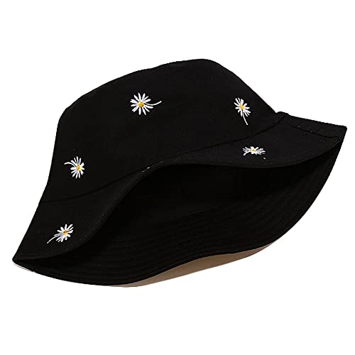 Womens Embroidered Daisy Bucket Hat Reversible Packable Beach Sun Hat - color: Daisy Black/Plain Black