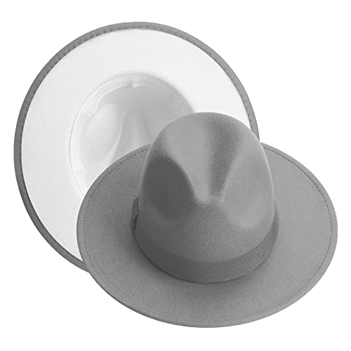 KUJUHA Fedora Hats for Mens/Womens Felt FedoraHats Two Tone Wide Brim Fedora Hats Rancher Hat - color: Grey/White, size: Large-X-Large