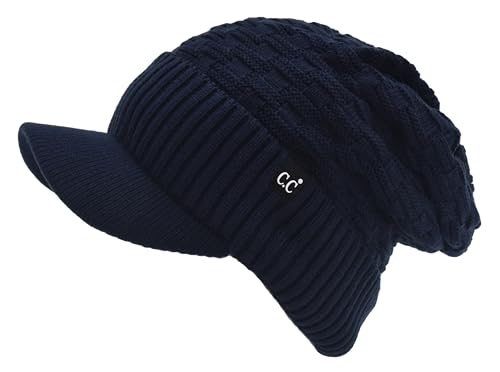 C.C Fuzzy Fleece Lined Warm Oversized Chunky Soft Stretchy Oversized Two Way Ribbed Slouchy Knit Hat with Visor Brim - color: Navy Blue