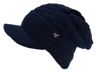 C.C Fuzzy Fleece Lined Warm Oversized Chunky Soft Stretchy Oversized Two Way Ribbed Slouchy Knit Hat with Visor Brim - color: Navy Blue