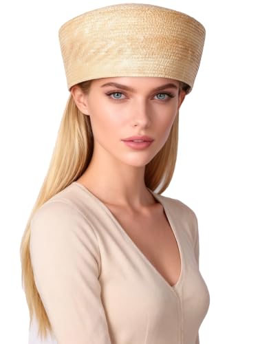 HIMESPORT Straw Pillbox Hats for Women Ladies Elegant Wedding Formal Church Tea Party Cocktail Hat - color: Khaki
