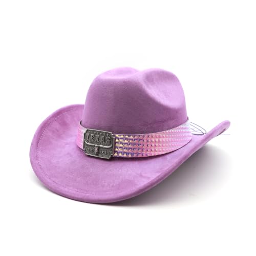 Western Cowboy Hat for Men Cowgirl Hat for Women Wide Brim Felt Fedora Hats Classic Cowboyhat with Buckle Belt - color: Purple