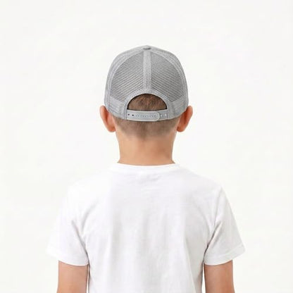 BROMZ Kids Youth American Flag Trucker Hat Flat Bill, Breathable Mesh Back Snapback Baseball Cap for Boys Girls 5-15 Years - color: Gray/White Flag