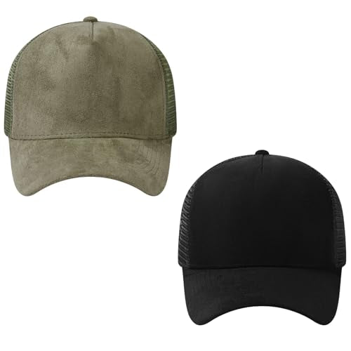 Suede Curved Brim Trucker Cap Adjustable Snapback Hat Mesh Back Breathable for Men Women 2 Pack SH03 - color: Pack of 2, Olive Green & Black