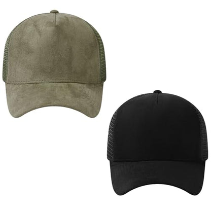 Suede Curved Brim Trucker Cap Adjustable Snapback Hat Mesh Back Breathable for Men Women 2 Pack SH03 - color: Pack of 2, Olive Green & Black